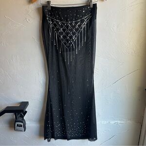 Y2K Sheer Black Rhinestone Maxi Skirt Goth Dark Fairy Grunge Glam Sz S?